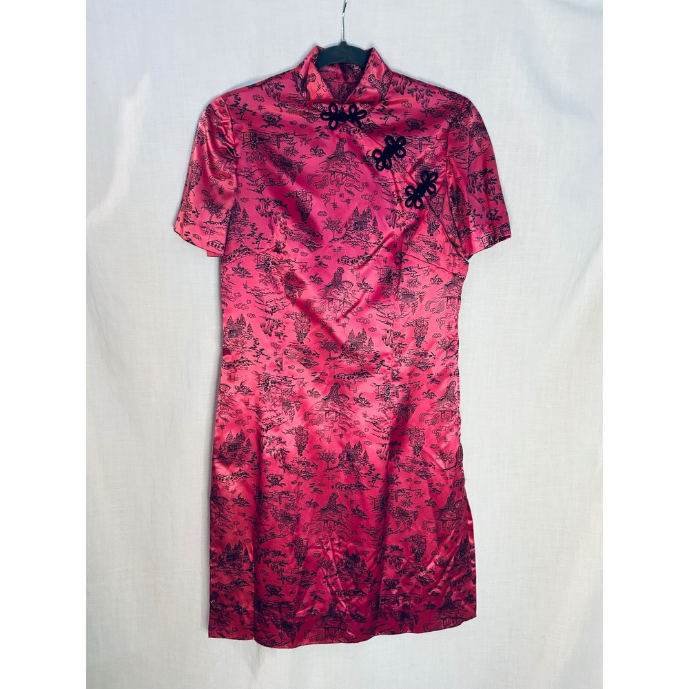 Pink Satin Qipao Dress Mandarin Collar Frog Closure Toile Print Cheongsam Mini